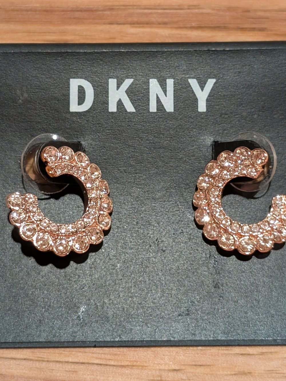 DKNY Rose Gold Crystal C-Shape Hoop Earrings